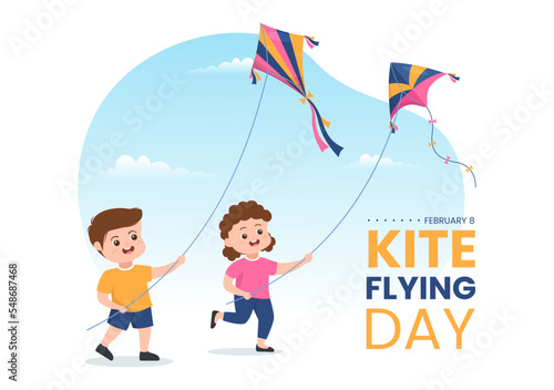 National Kite Flying Day on February 8 of Sunny Sky Background in Kids Summer Leisure Activity in Flat Cartoon Hand Drawn Templates Illustration