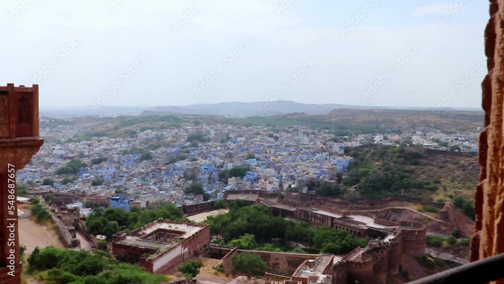 blue city view from fort with flat bright sky at morning video taken at mehrangarh fort jodhpur rajasthan india. blue city view from fort with flat bright sky at morning video taken at mehrangarh fort jodhpur rajasthan india.