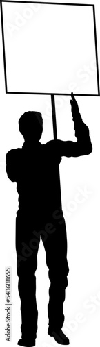 Protestor or demonstrator at a demonstration march, picket line or strike protest rally in silhouette. Holding up a banner or picket sign board placard.