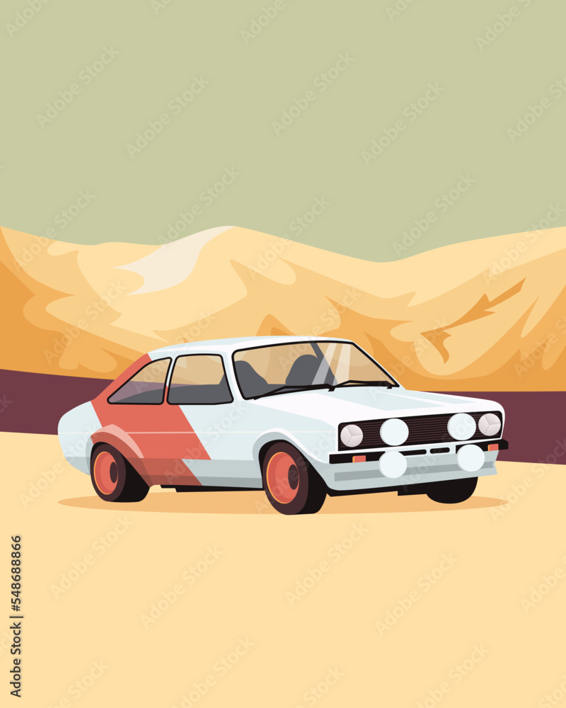 Vector retro rally car poster with vintage vehicle