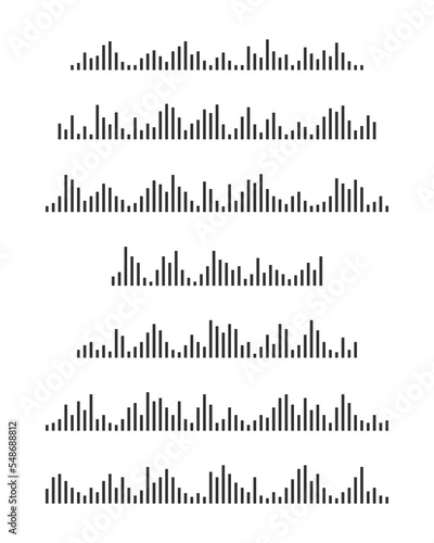 Set of sound wave icons. Signal frequency signs. Pulse pictograms. Voice messages symbols. Audio player graphic elements. Online messenger, radio, podcast mobile app interface. Vector illustration