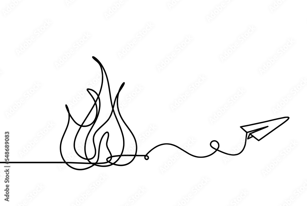 Abstract fire with paper plane as line drawing on white background Abstract fire with paper plane as line drawing on white background