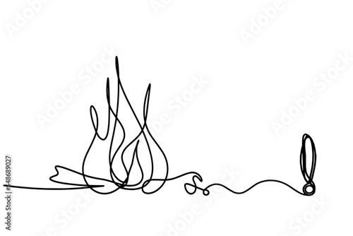 Abstract fire with exclamation mark as line drawing on white background