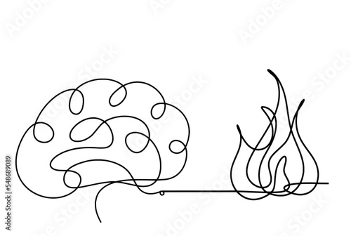 Abstract fire with brain as line drawing on white background
