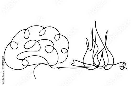 Abstract fire with brain as line drawing on white background