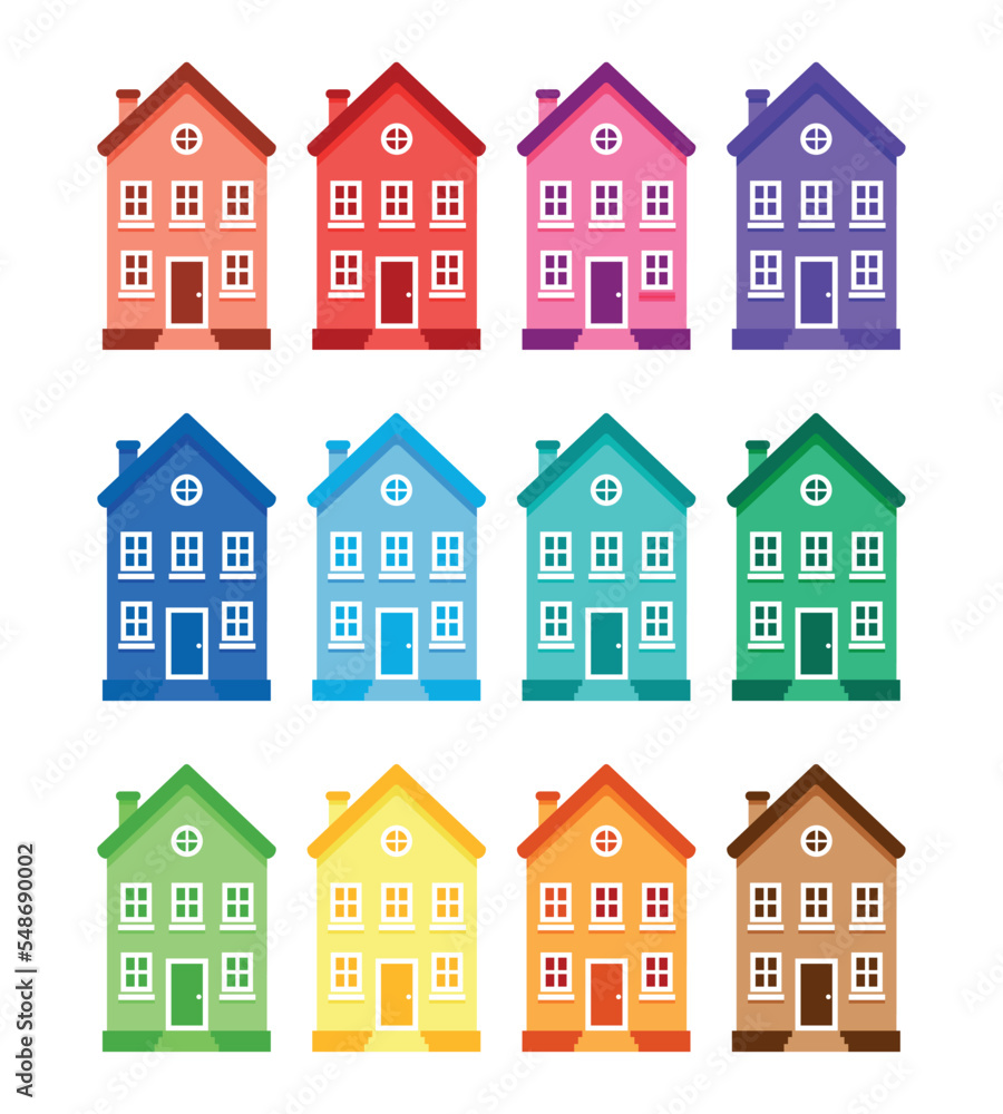 Set of colored houses. Simple house, group in rainbow colors, color wheel