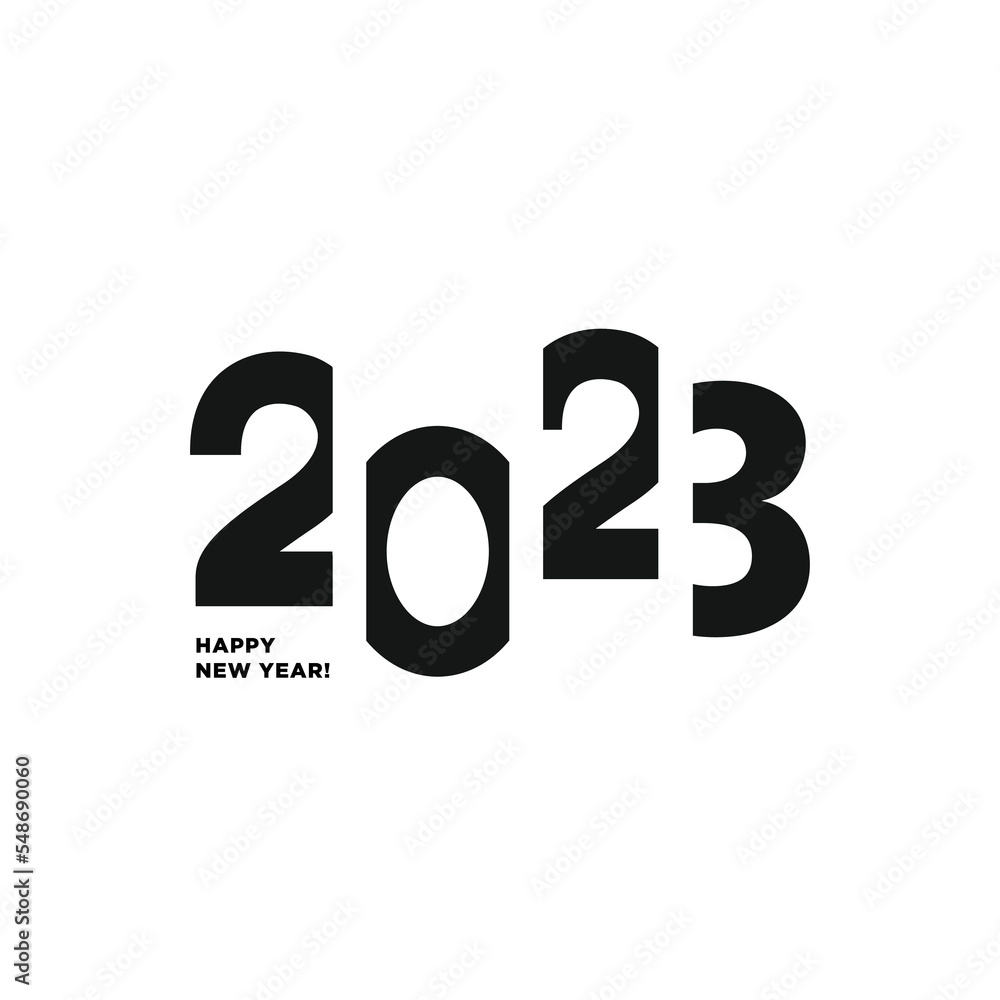 Happy New Year 2023 logo text design. Vector modern geometric minimalistic text with black numbers. Isolated on white background. Concept design. The Year Of The Water Rabbit Happy New Year 2023 logo text design. Vector modern geometric minimalistic text with black numbers. Isolated on white background. Concept design. The Year Of The Water Rabbit