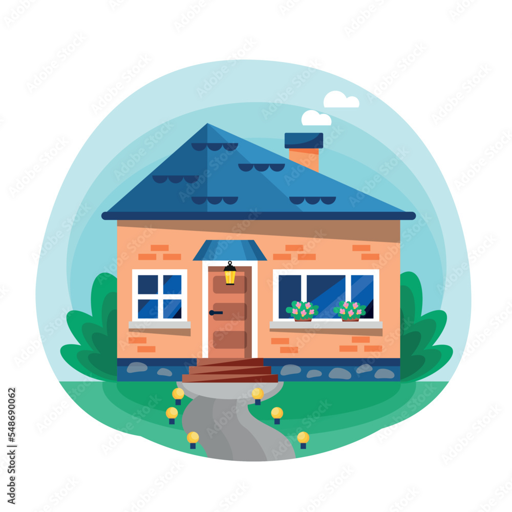 Fototapeta premium Beautiful village house against the blue sky. Green meadow around, sunny day