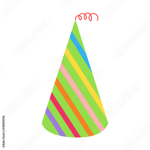 Cute birthday hat cone, party element vector illustration. Cake, cupcakes, confetti, balloon, gifts for kids isolated on white background