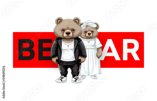 Bear with bride in wedding dress isolated on a white background. Vector illustration