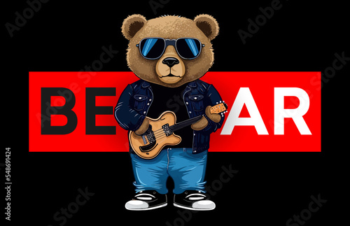 A bear in sunglasses plays the guitar and sings songs isolated on a white background. Vector illustration
