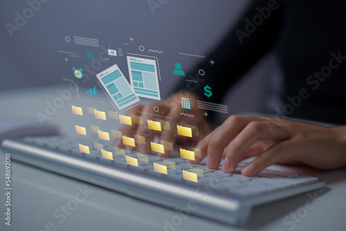 Officer typing document to edit and manage document. Concept of managing document and keeping them organized in folder.