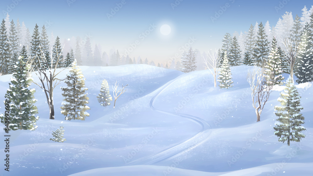 Winter scenery snow Mountain landscape Christmas tree covered in Snow anime background Winter scenery snow Mountain landscape Christmas tree covered in Snow anime background