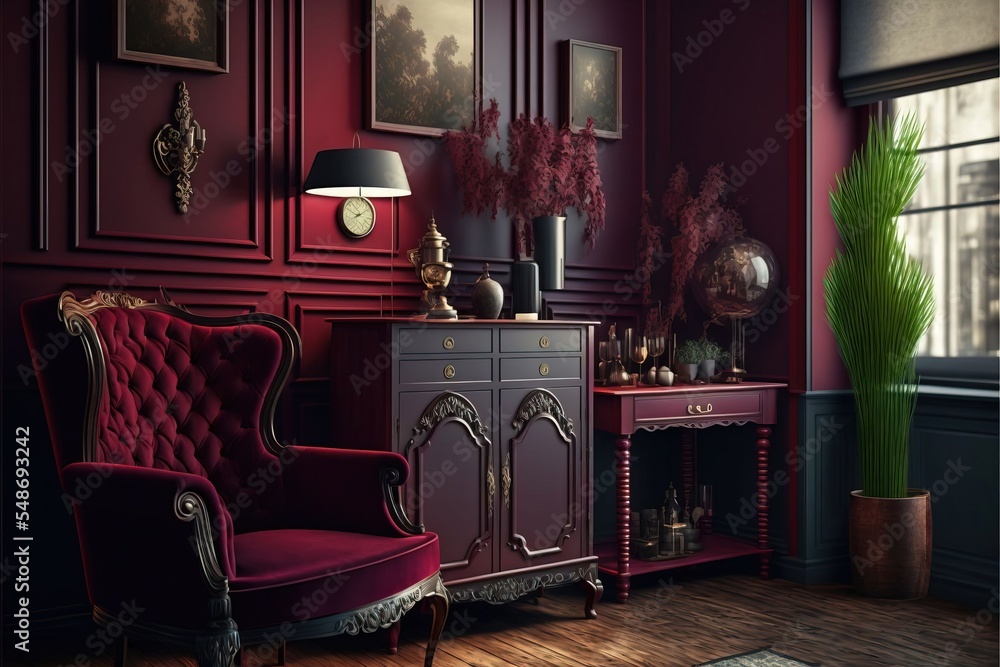 Obraz premium Dark wine red home interior with old retro furniture