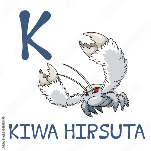 Cute Sea Animal Alphabet Series. K is for Kiwa hirsuta. Vector cartoon character design illustration.