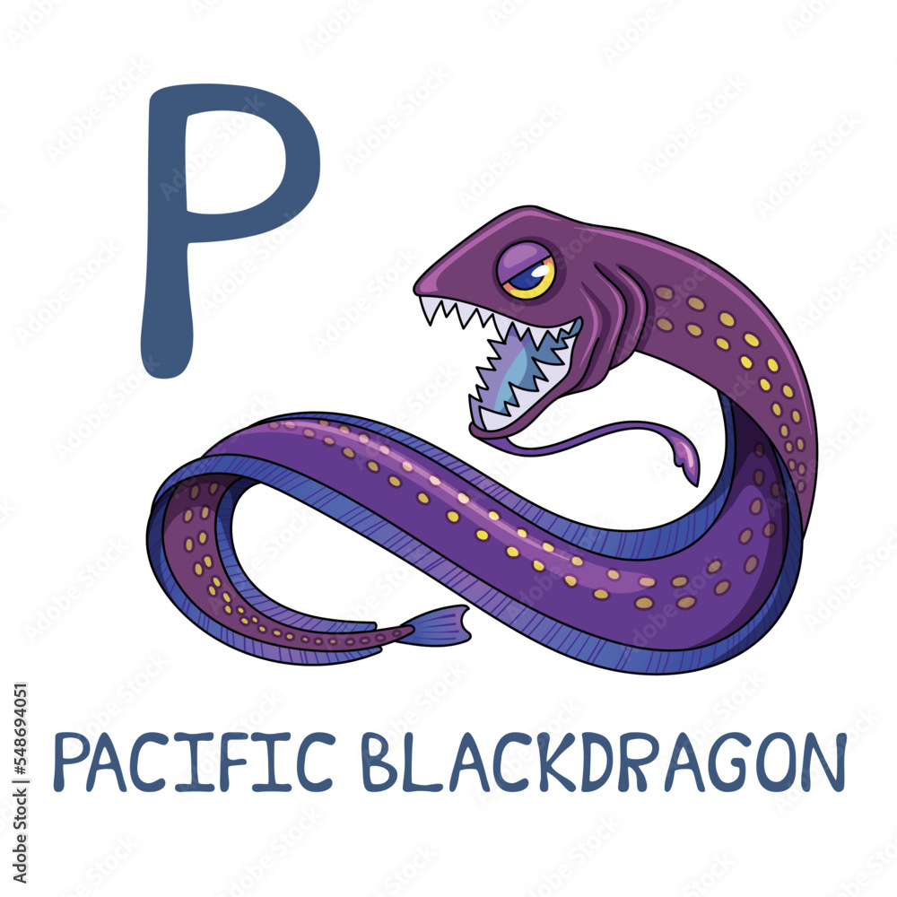 Obraz premium Cute Sea Animal Alphabet Series. P is for Pacific Blackdragon. Vector cartoon character design illustration.