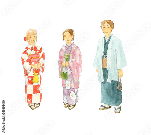 水彩絵の具で描いた3人着物イラスト