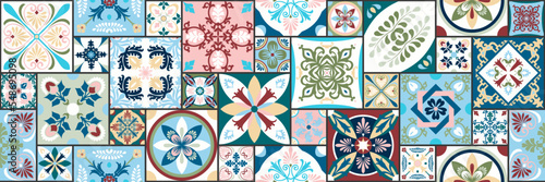 Azulejos portugal. Turkish ornament. Moroccan tile mosaic. Ceramic tableware, folk print. Spanish pottery. Ethnic background. Mediterranean seamless wallpaper.