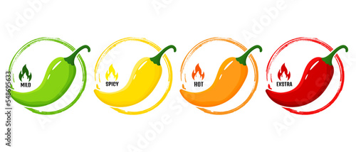 Hot spicy level labels.Vector icons chili pepper with red, yellow, orange and green flames. Extra, spicy, hot and mild strength. Savory food scale emblems
