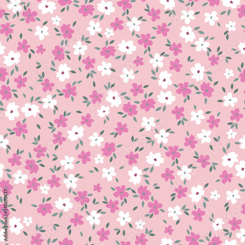 Cute floral pattern. Seamless vector texture. An elegant template for fashionable prints. Print with white and pink flowers and green leaves. light pink background.