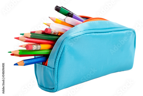 Fototapeta Pencil case, assorted colored pencils in case, png isolated background