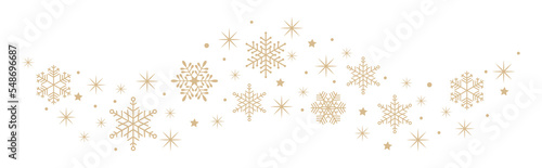 Minimal border of simple golden snowflakes and stars. Decorative snow wave