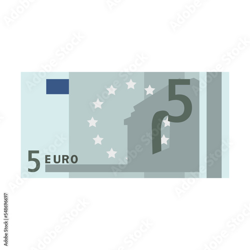 Simple icon of 5 euro banknote for wallet isolated on white background. Cartoon money of bank in Europe flat vector illustration. Cash