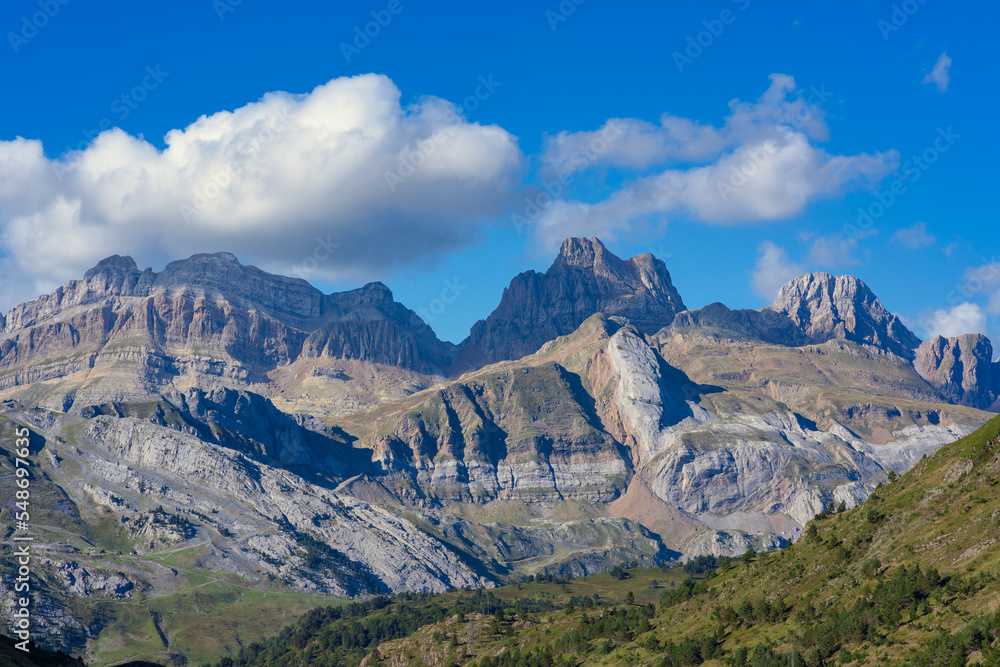 Scenic view of the Spanish Pyrenees in Huesca province, Aragón without snow in summer 