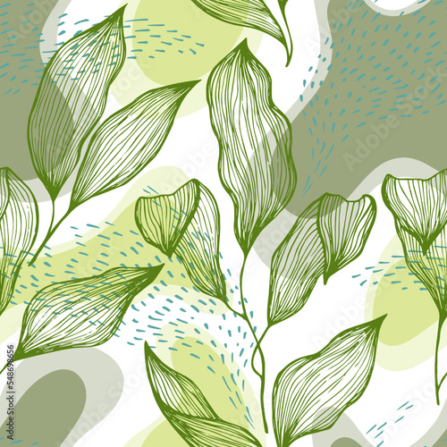 Sketch style doodle line texture leaves over stains and dots seamless vector ...