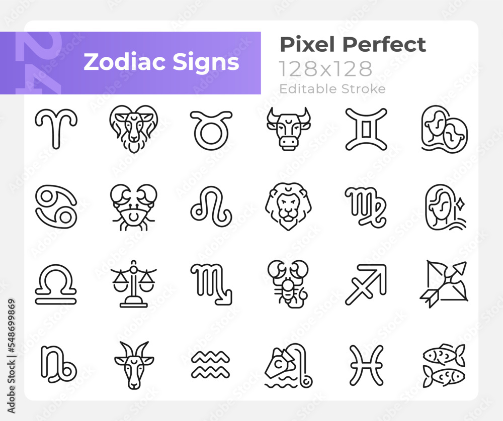 Zodiac signs pixel perfect linear big icons set. Astrological elements. Customizable thin line symbols. Isolated vector outline illustrations. Editable stroke. Montserrat Bold, Light fonts used