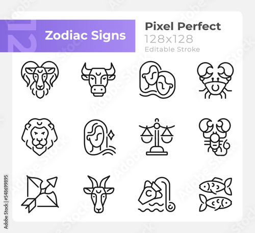 Astrological signs pixel perfect linear icons set. Twelve zodiac elements. Customizable thin line symbols. Isolated vector outline illustrations. Editable stroke. Montserrat Bold, Light fonts used