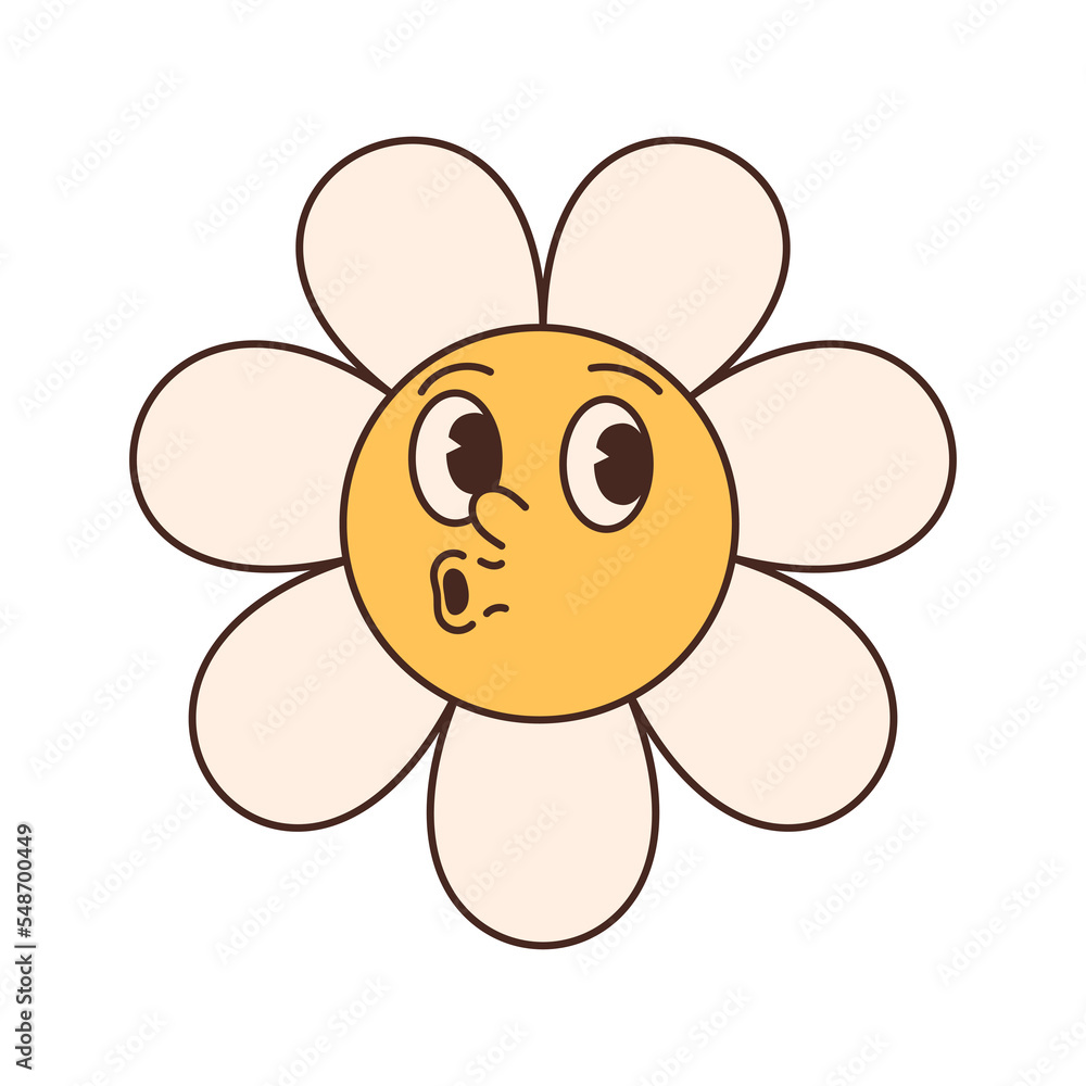 Flower with face in trendy retro cartoon style. Groovy hippie 70s aesthetic. Flower with face in trendy retro cartoon style. Groovy hippie 70s aesthetic.
