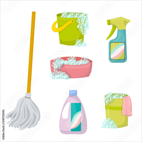 Cleaning. Detergents and cleaning products for house cleaning. Household. Vector illustration isolated on white background