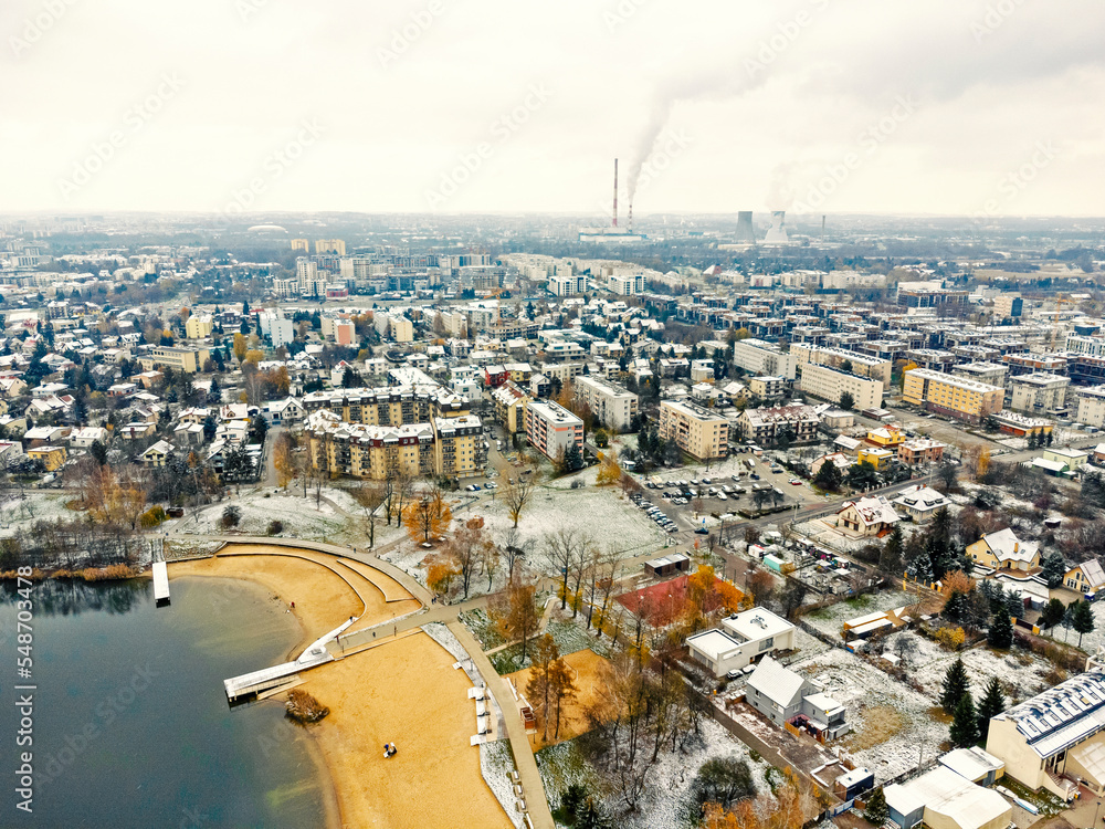 metallurgical industry plant dawn smoke smog emissions bad ecology aerial photography lake sand