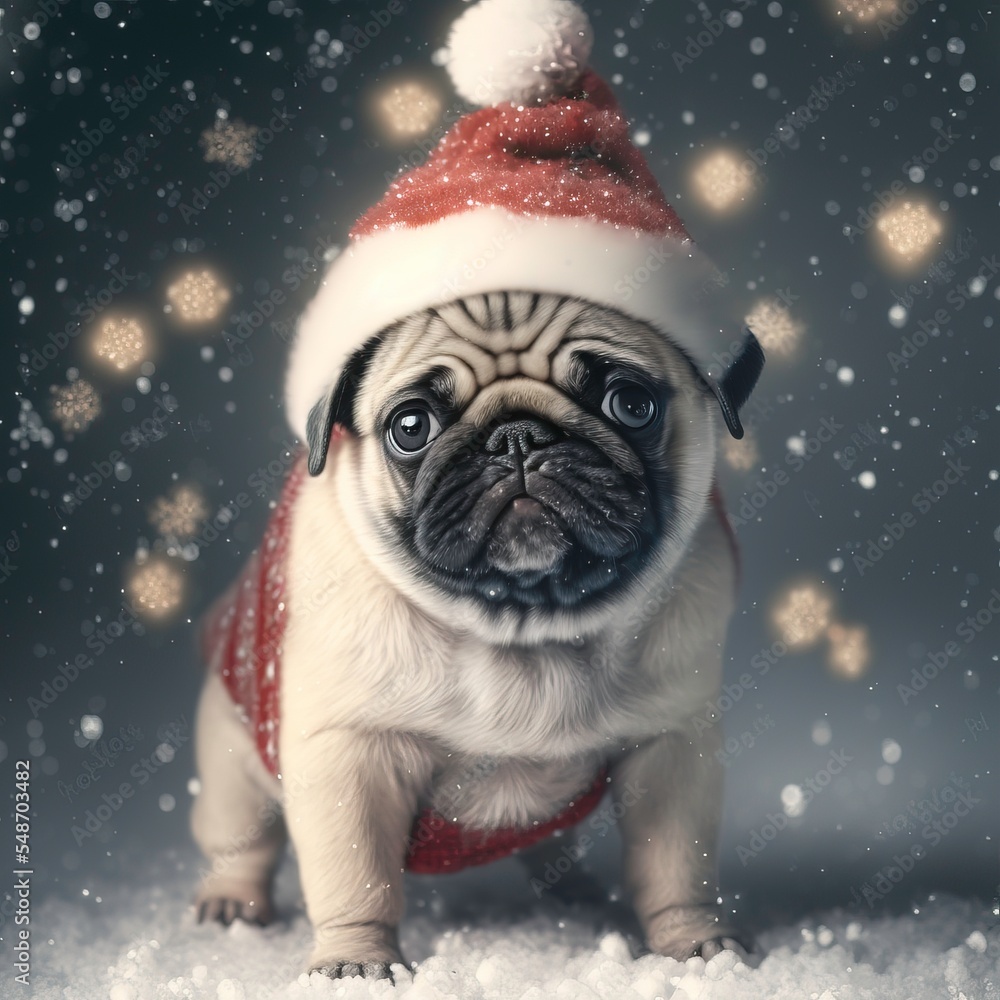 Pug Dog with Santa Claus Hat Pug Dog with Santa Claus Hat