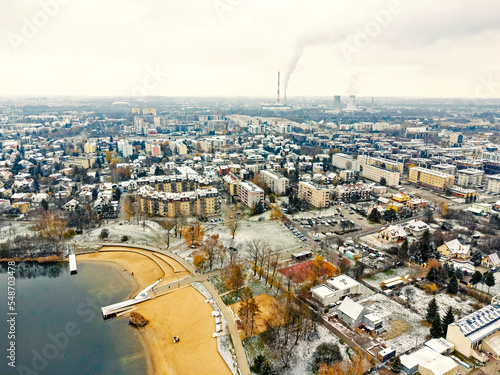Obraz na płótnie metallurgical industry plant dawn smoke smog emissions bad ecology aerial photography lake sand w salonie