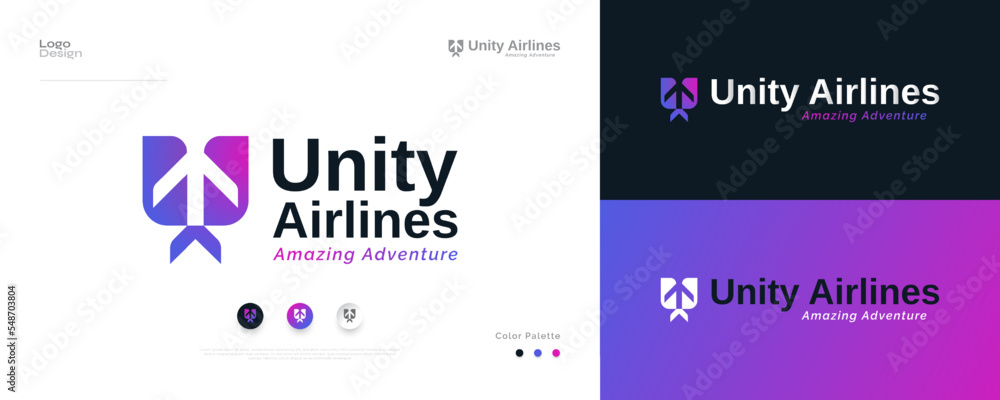 Modern and Colorful Airplane Logo Design with Initial Letter U. Abstract Plane Logo or Icon, Suitable for Aviation, Tourism or Travel Business Logo