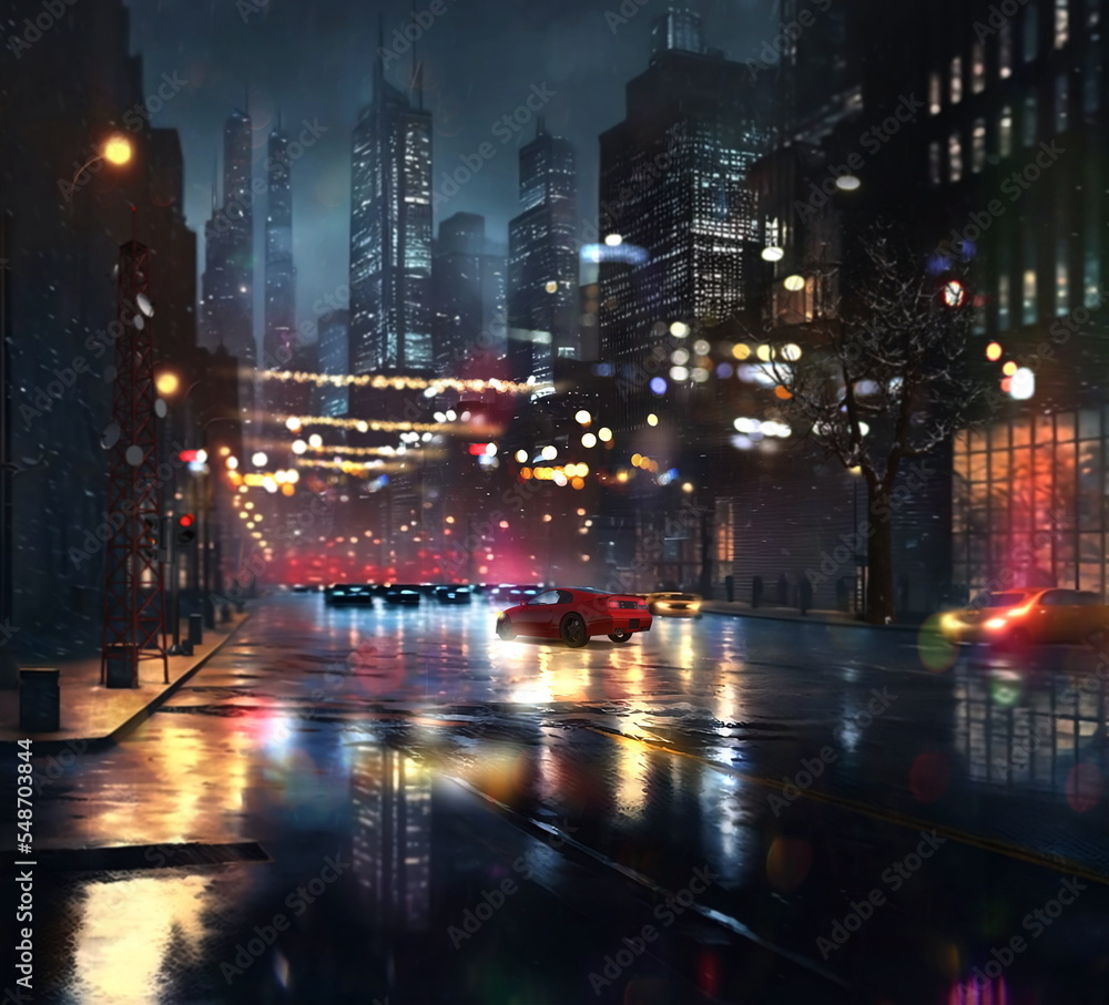 Night city rainy street   blurred light car traffic people with umbrellas rain drops urban scene