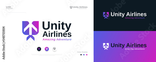 Modern and Colorful Airplane Logo Design with Initial Letter U. Abstract Plane Logo or Icon, Suitable for Aviation, Tourism or Travel Business Logo