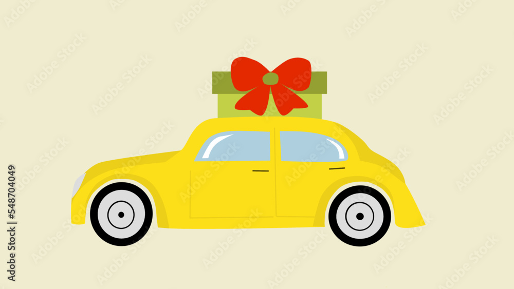 yellow car with gifti in the beige background