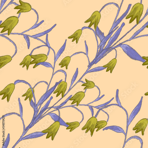 Creative seamless pattern with abstract flowers drawn with wax crayons. Brigh...