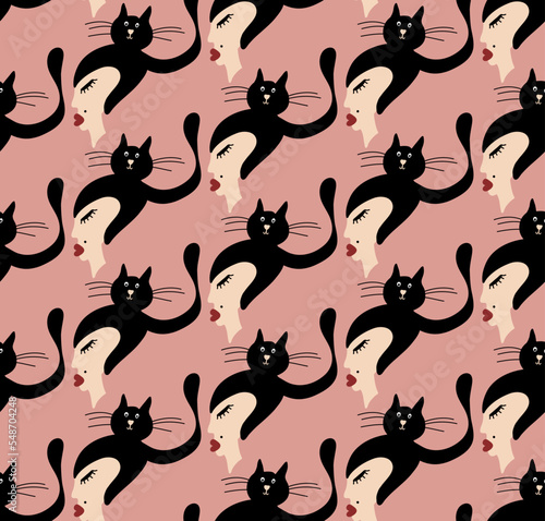 Abstract Hand Drawing Cute Woman Girl Silhouettes with Cats Seamless Vector Pattern Isolated Background