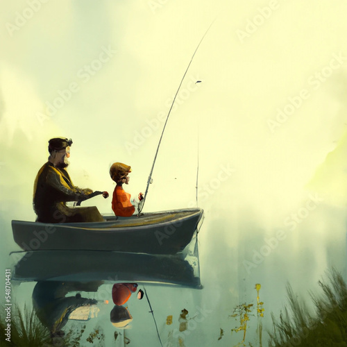 Digital Art | Father and Son Bonding Over Fishing Together in a Boat | AI Generated