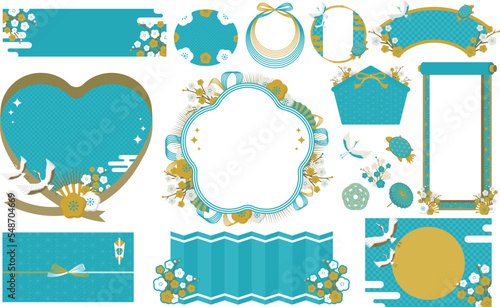 成人式やお正月シーンにぴったりの水引やリボンをあしらった華やかな和風フレームセット_水色_文字なし