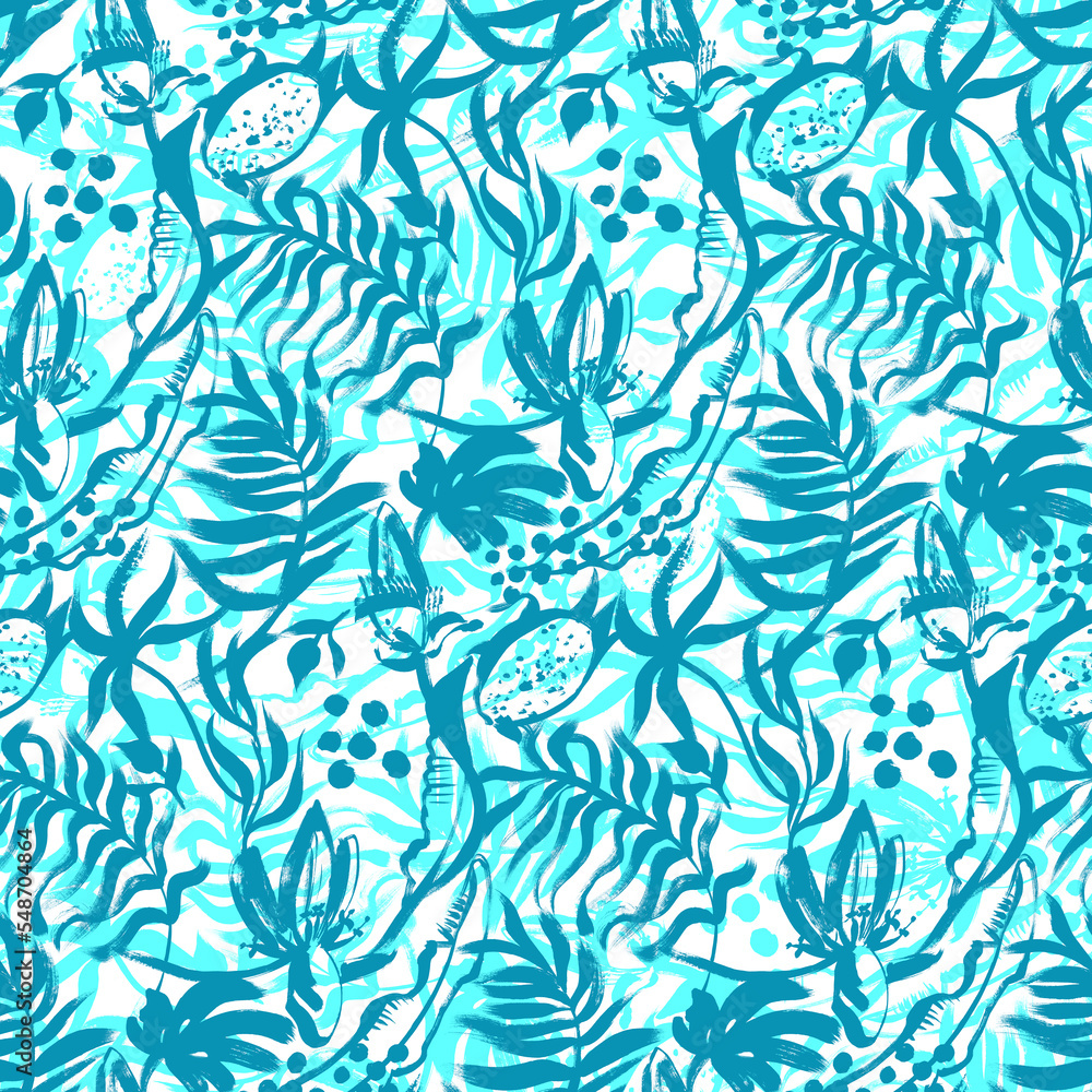 Seamless pattern with a mix of silhouettes of leaves of tropical fruits and palm trees painted in gouache in the dry brush technique Seamless pattern with a mix of silhouettes of leaves of tropical fruits and palm trees painted in gouache in the dry brush technique