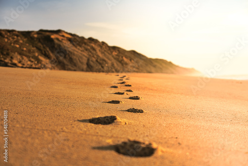 Uma linha de passos na areia photo
