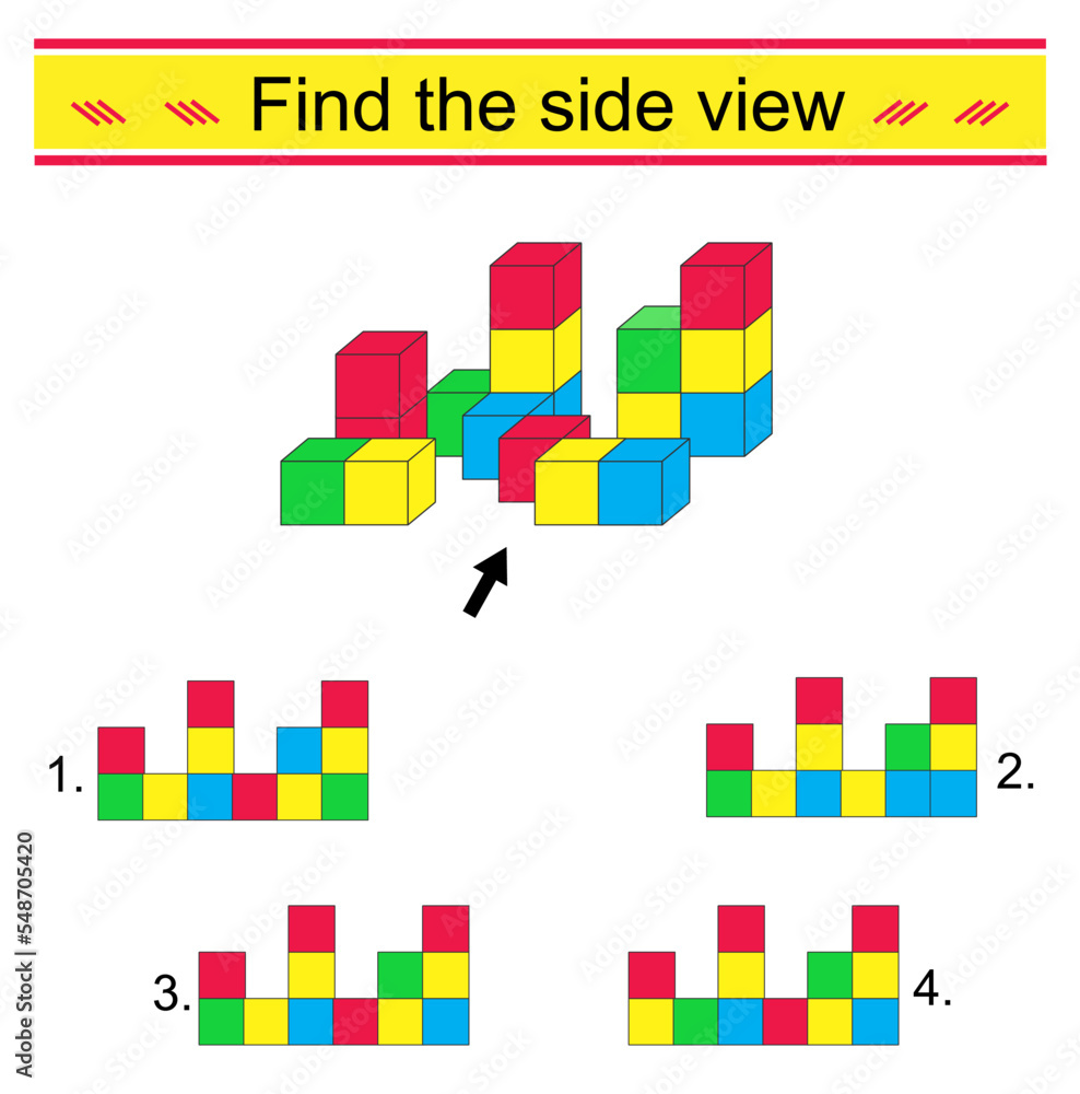 Puzzle game. Which side vıew is correct? IQ training test. Vector illustration. Ansrew is 3 Puzzle game. Which side vıew is correct? IQ training test. Vector illustration. Ansrew is 3