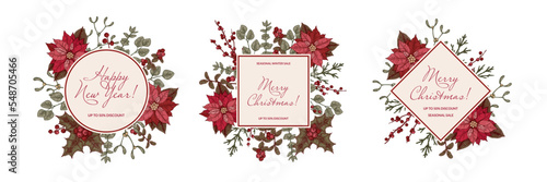 Set of Merry Christmas and Happy New Year sale labels with poinsettia flowers and holly berries. Vector illustration in sketch style. Vintage botany frames