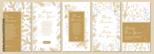 Set of Merry Christmas and Happy New Year vertical greeting cards with hand drawn golden botany elements. Vector illustration in sketch style. Festive backgrounds. Social media stories templates