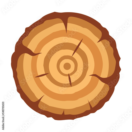 Tree slice with annual rings. Stack of trees with branches, wooden planks, stumps and timber. Parts of trees for lighting fire.Vector illustration isolated on white